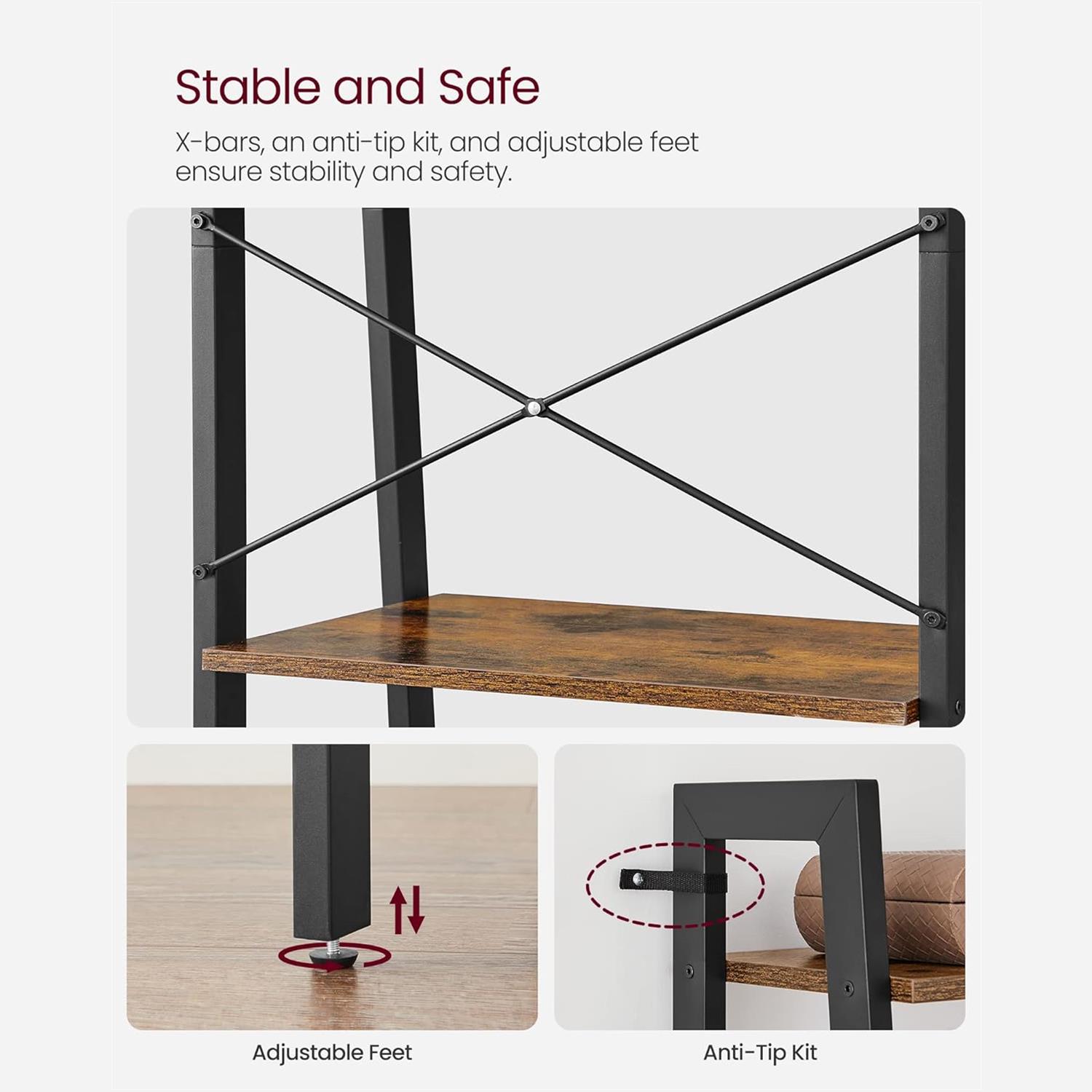 Rustic brown ladder shelf with steel frame in a home office
